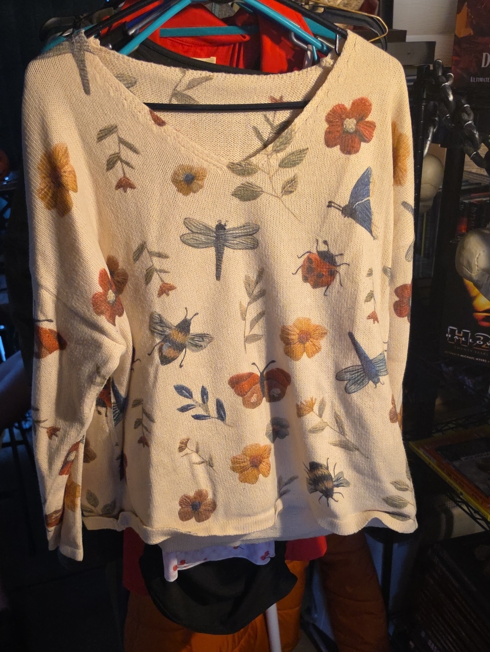 Cream Floral & Insect V-Neck Sweater
